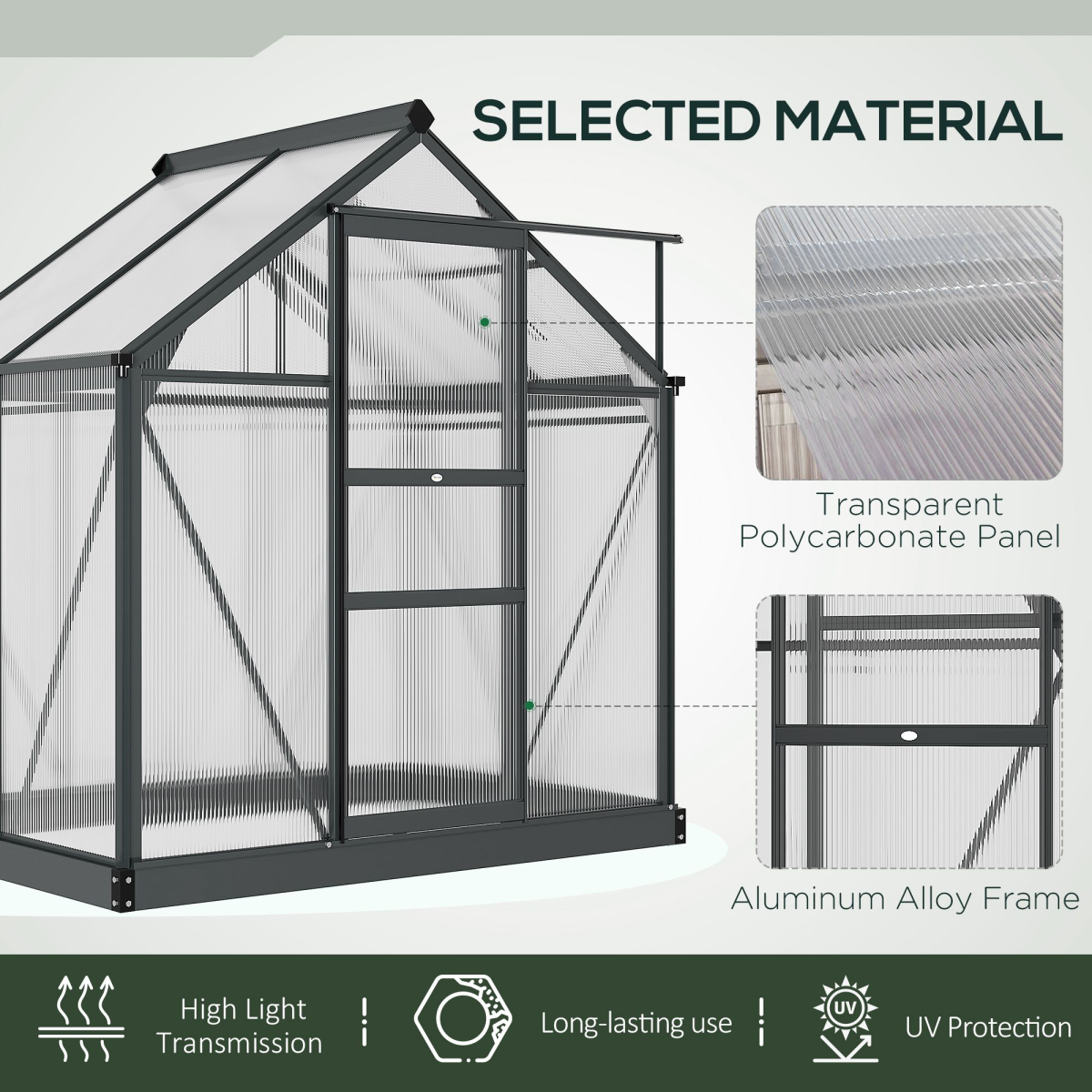 Walk-In Polycarbonate Garden Greenhouse, Aluminium Frame, Sliding Door 6x4ft
