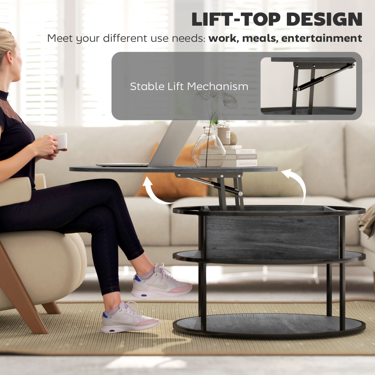 Versatile Lift-Top Rattan Coffee Table with Hidden Storage – Charcoal Grey