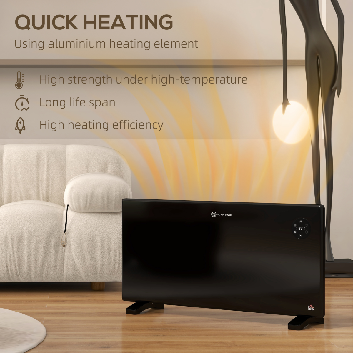 2000W Slim Convector Heater: Quiet, LED Display, Wall-Mountable