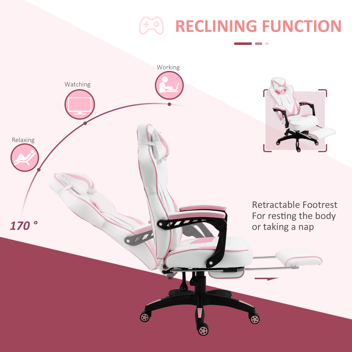Ergonomic Gaming Chair with Wheels & Manual Footrest, Pink Faux Leather