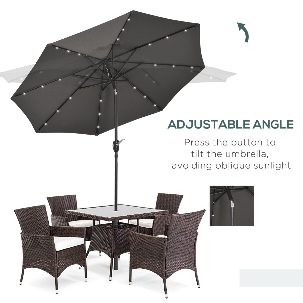 Solar-Powered Wall-Mounted Umbrella with Adjustable LED Lights & Vent Design