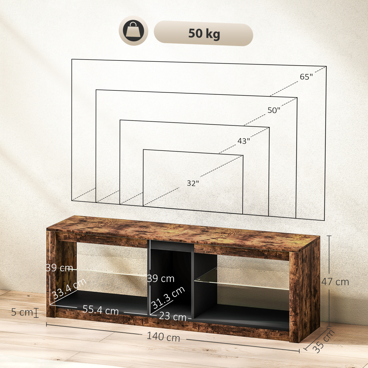Rustic LED TV Stand - Stylish Entertainment Center for Up to 65\" Screens