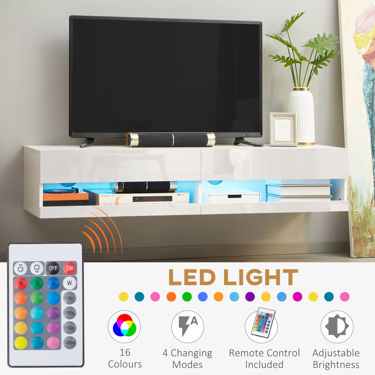 Modern High Gloss Floating TV Stand with LED Lights & Storage - White