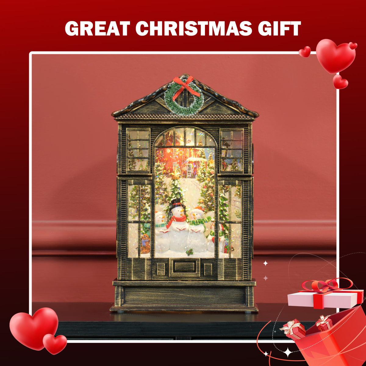 Christmas Snow Globe Lantern with Lights - Bronze Tone