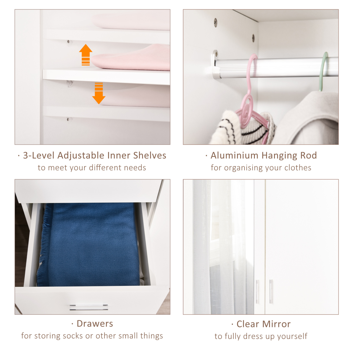 Elegant 2-Door White Wardrobe with Mirror, Adjustable Shelves & 3 Drawers