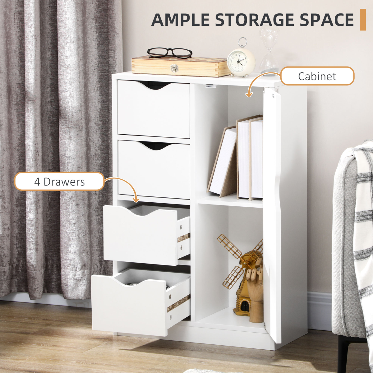 Ultimate Modern White Storage Cabinet: 4 Drawers & 1 Shelf for Clutter-Free Living
