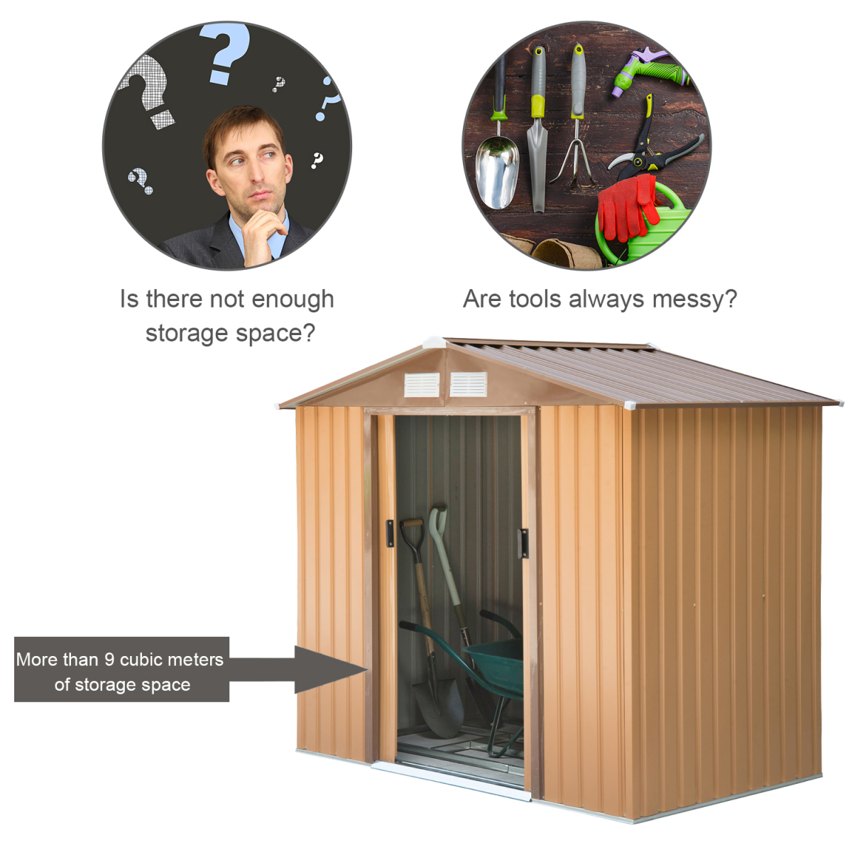 9x6 ft Metal Shed, Khaki - Weatherproof Outdoor Storage with Sliding Doors