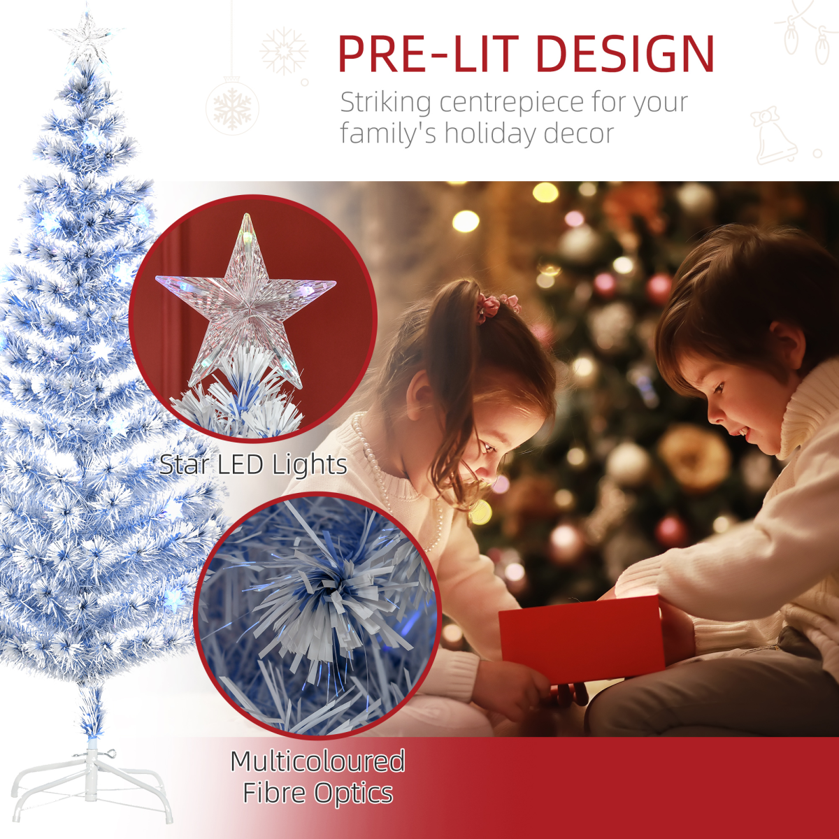 HOMCOM Fibre Optic Christmas Tree - 26 LEDs, White/Blue, Foldable