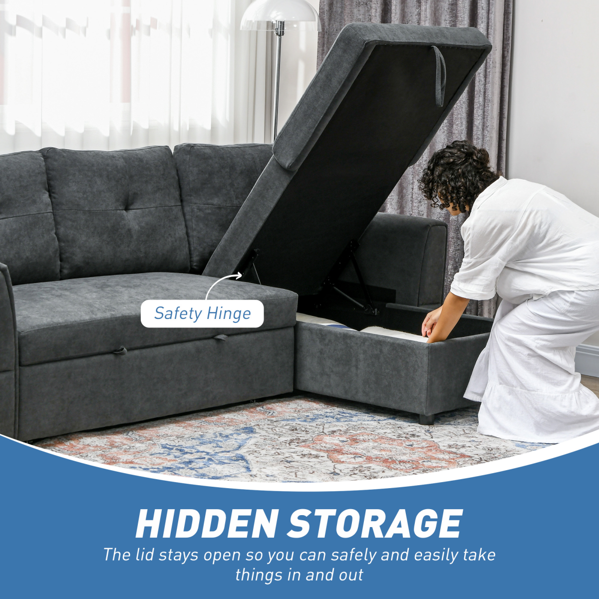 3-Seater Sofa Bed with Storage, Convertible Chaise - Dark Grey