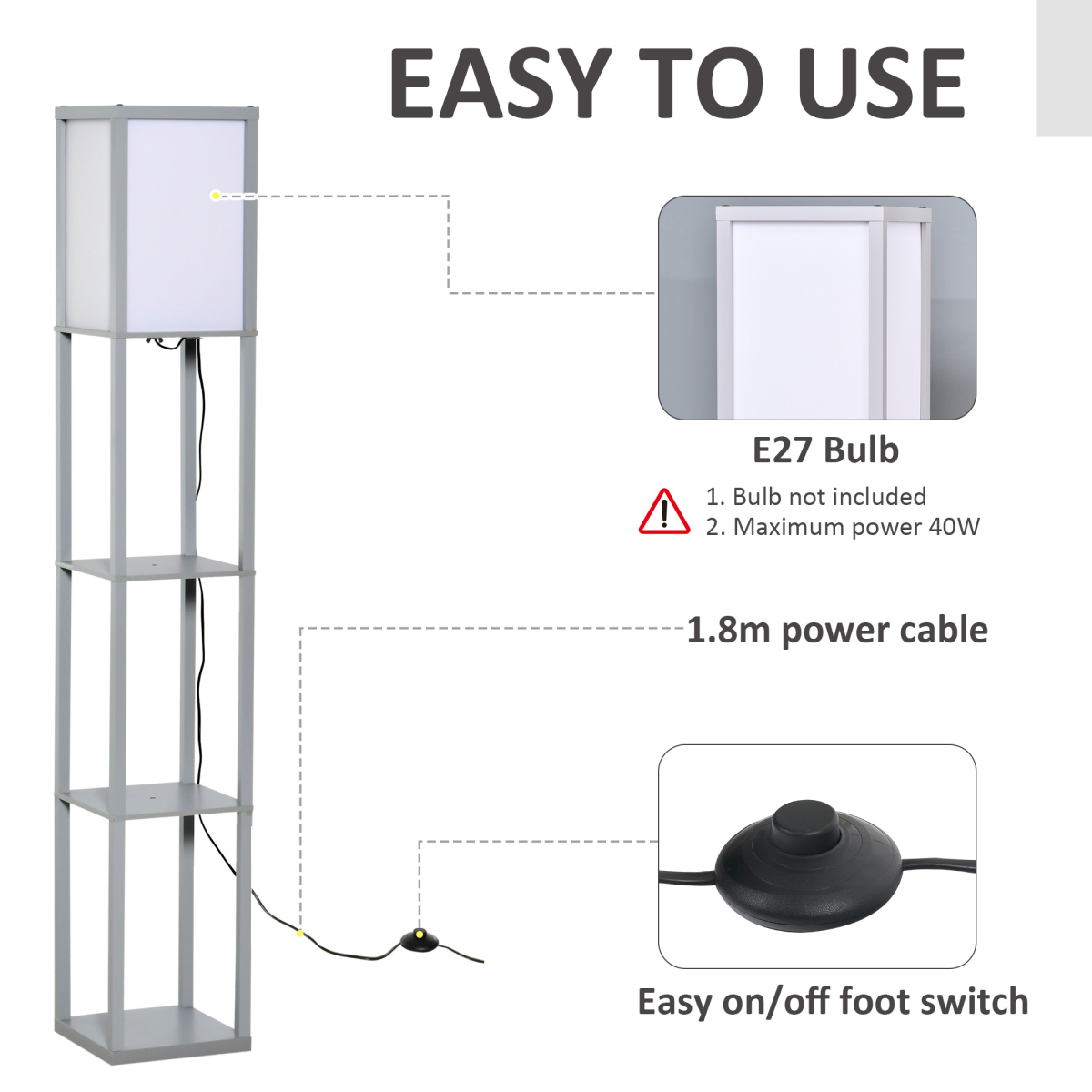 Grey 3-Tier Floor Lamp with Storage Shelves and Foot Switch