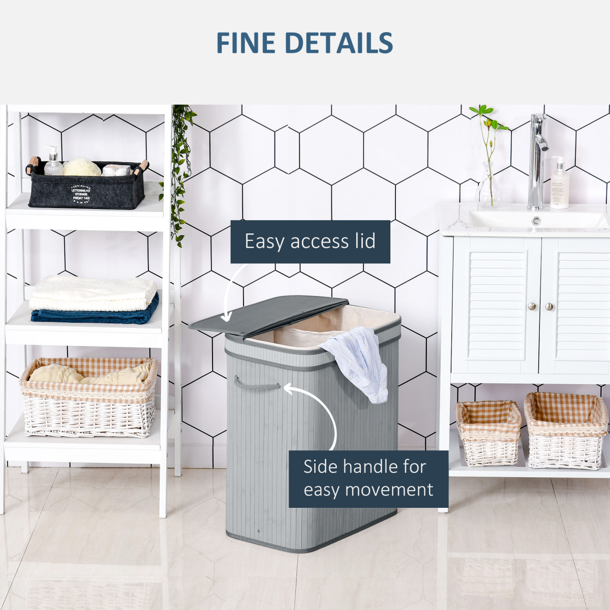 100L Flip-Lid Bamboo Laundry Basket - Grey, Durable & Space-Saving
