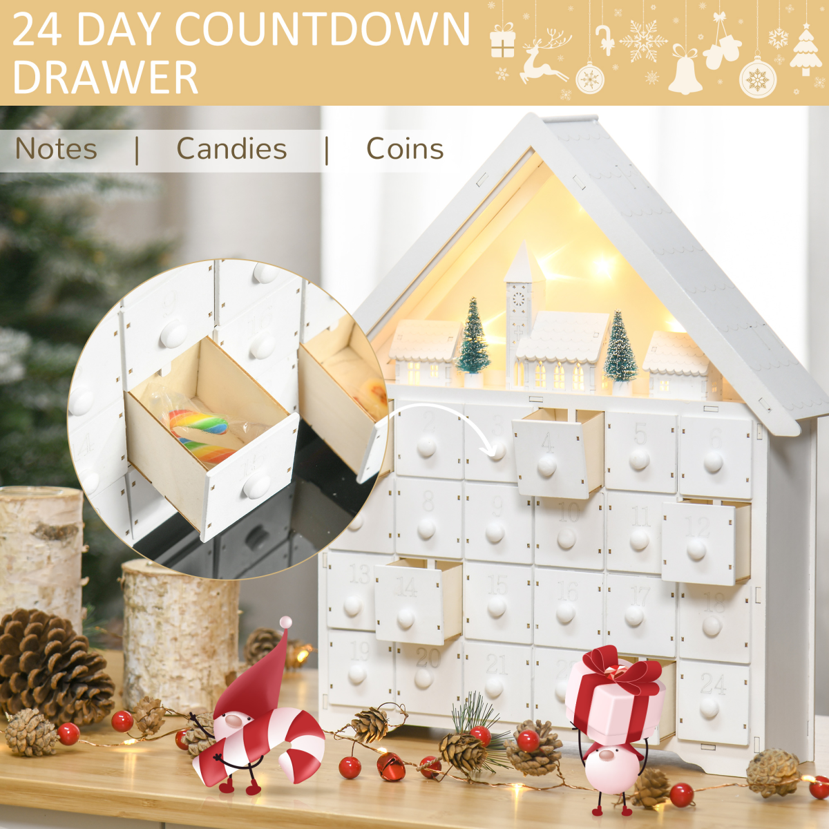 Wooden 24-Drawer Advent Calendar with LED Light-Up, White