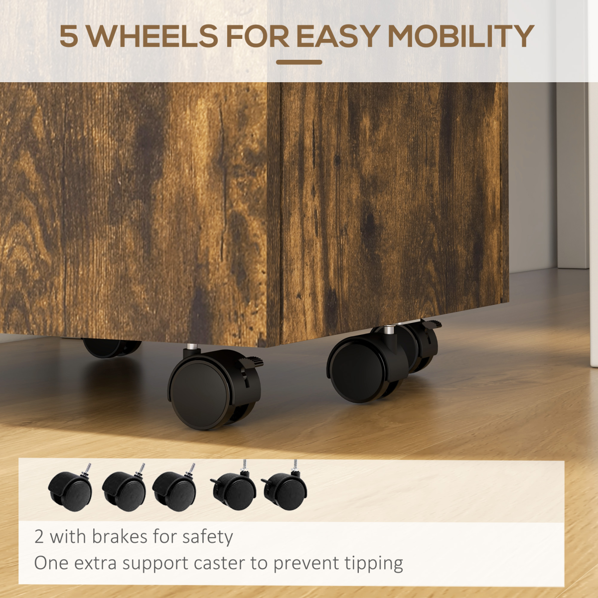 Vinsetto Rustic Brown Mobile File Cabinet: Lockable, 5 Wheels & Stylish Storage