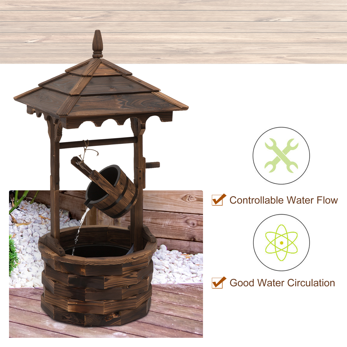 Fir Wood Outdoor Garden Decor: Whimsical Wishing Well Waterfall