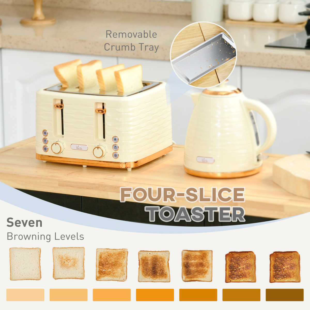 Chic 1.7L Rapid Boil Kettle & 4-Slice Toaster Set - Beige Elegance