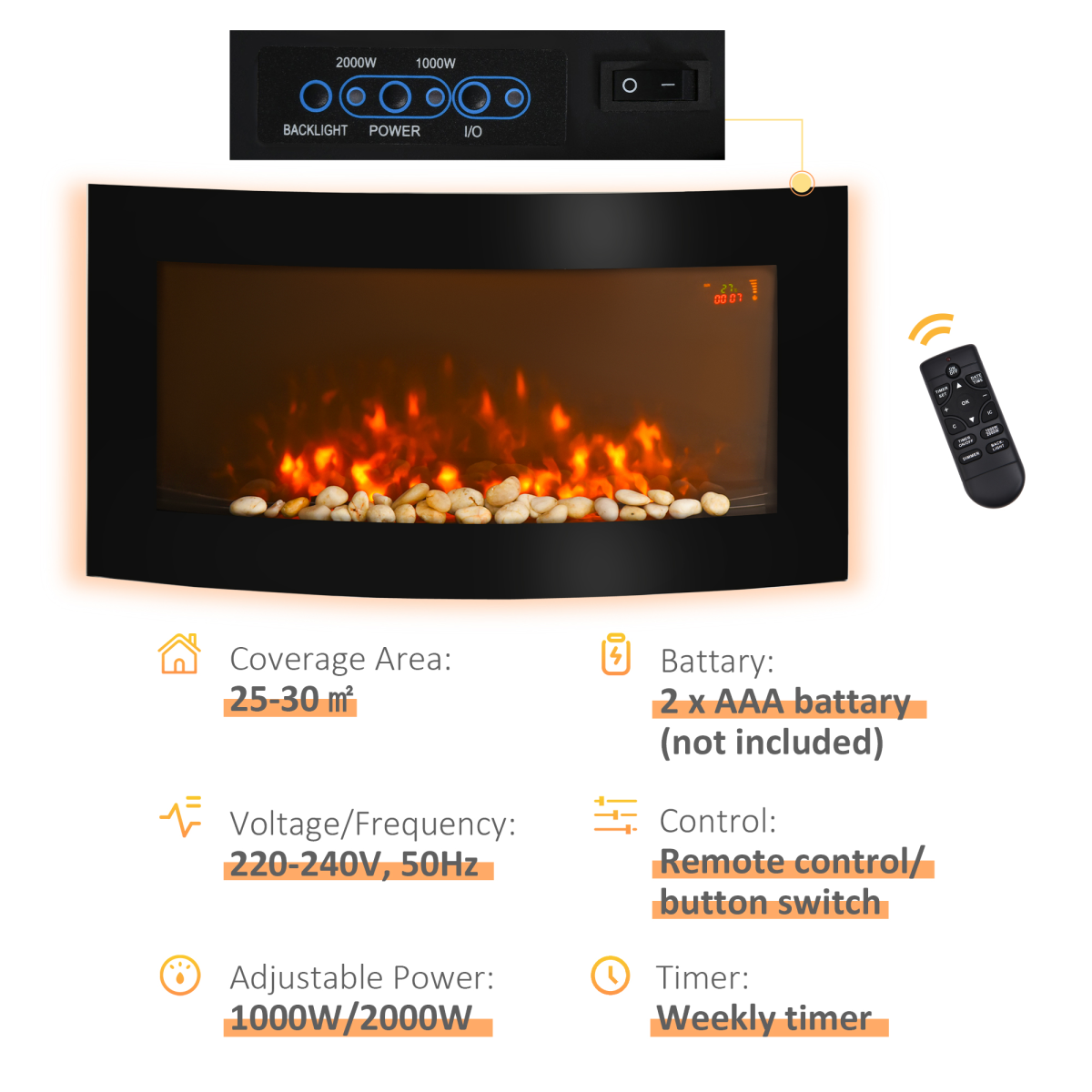 Elegant Wall-Mounted Electric Fireplace with LED Flames & Heater