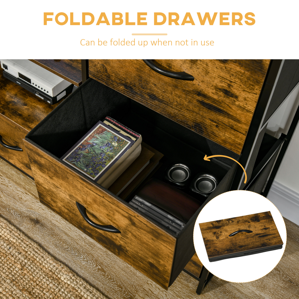 Rustic Brown Industrial Storage Cabinet with 2 Shelves & 3 Fabric Drawers