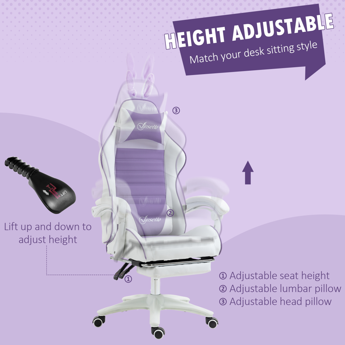 Vinsetto Racing Style Gaming Chair with Footrest & Removable Ears, Purple