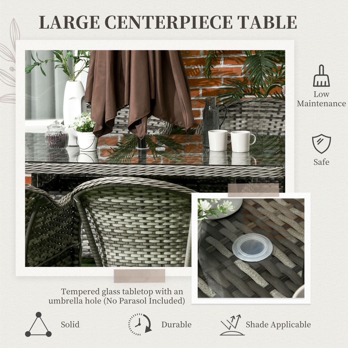7-Piece Rattan Outdoor Dining Set with Tempered Glass Table & Umbrella