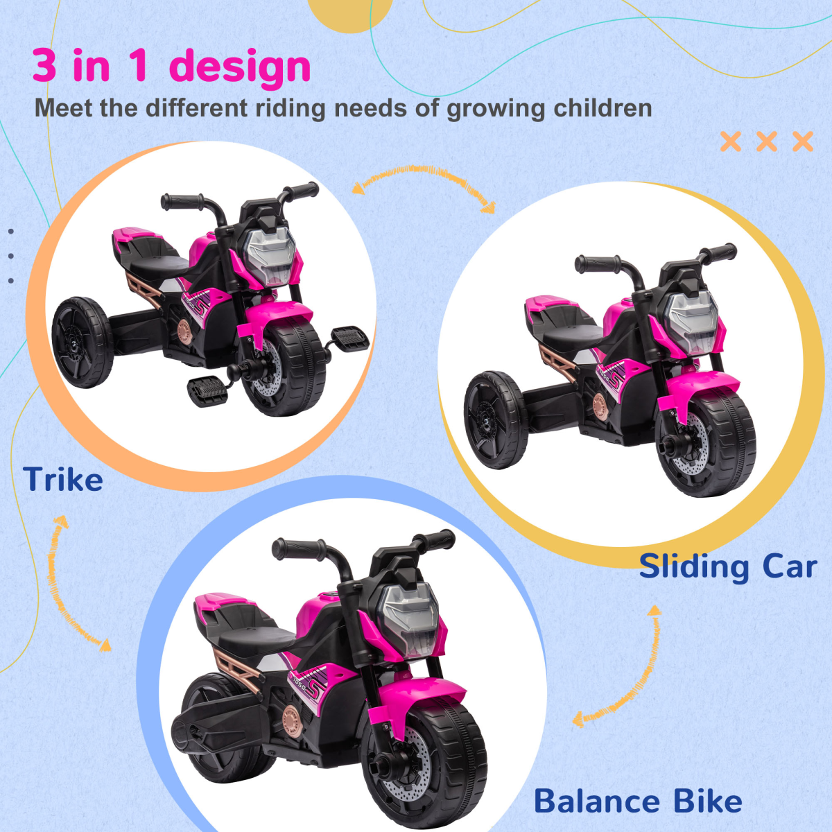 AIYAPLAY 3-in-1 Baby Trike: Tricycle, Sliding Car & Balance Bike - Pink