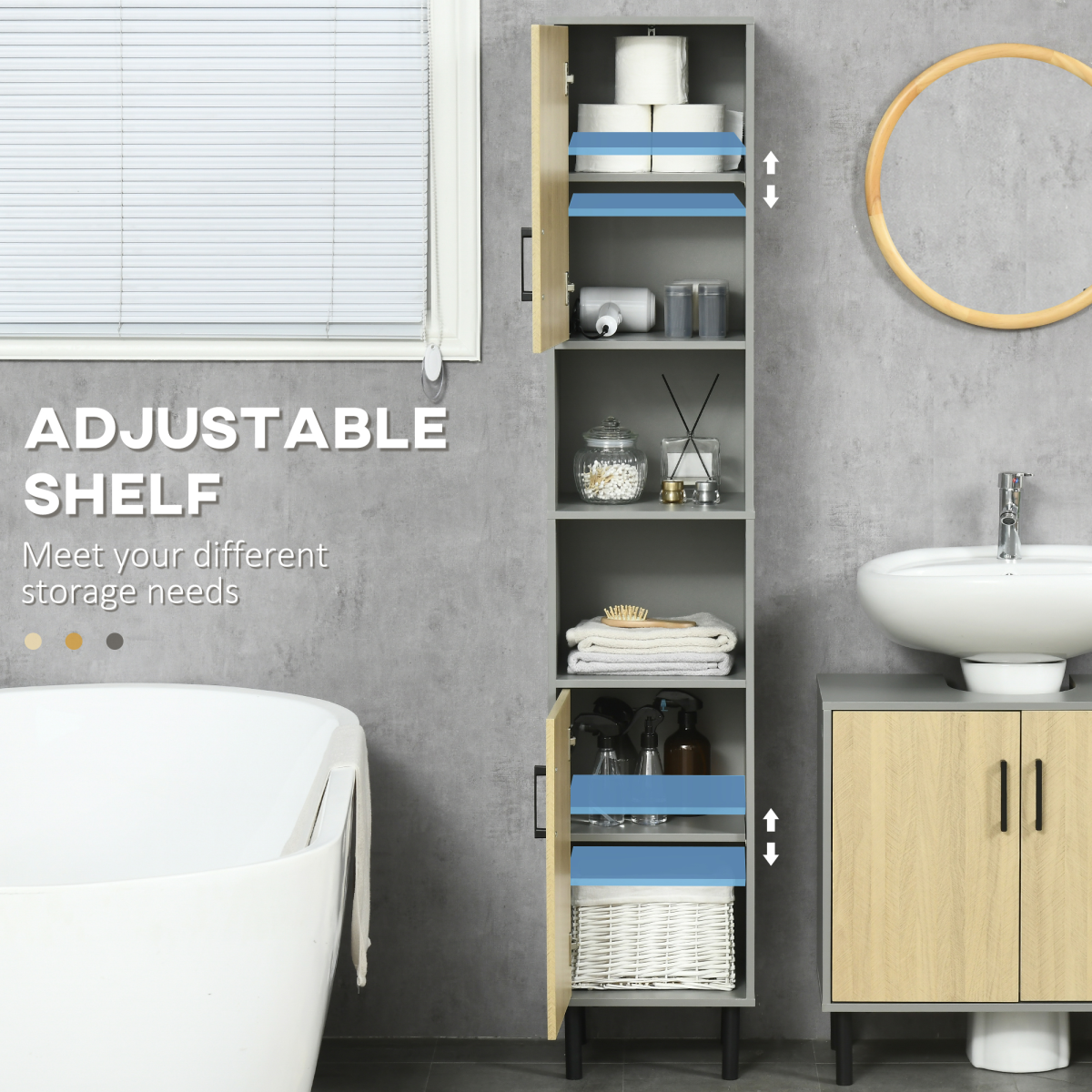 Kleankin Slim Tall Bathroom Cabinet - 2 Cupboards, 2 Shelves, Anti-Tip