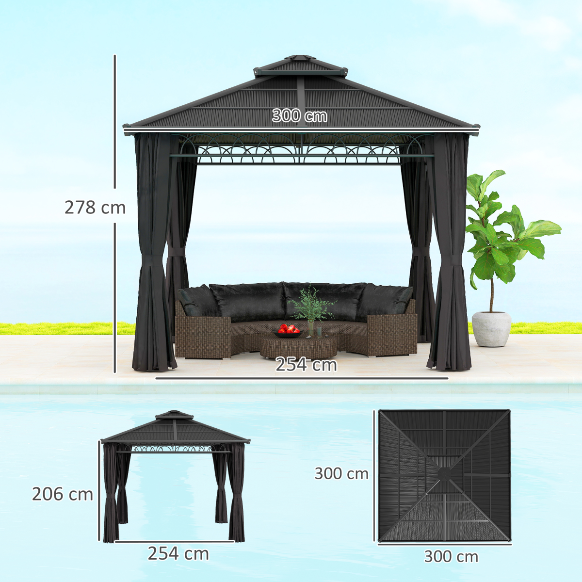 3x3m Double Roof Hard Top Gazebo with Mesh Nettings & Curtains