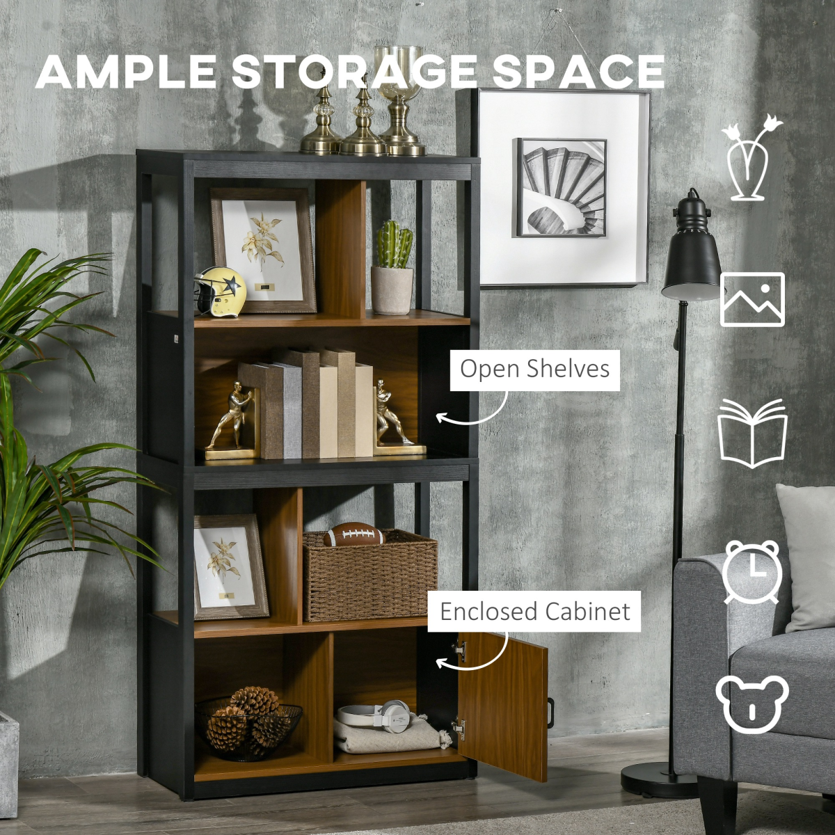 Stylish 4-Tier Freestanding Walnut Bookshelf with Storage & Anti-Tipping