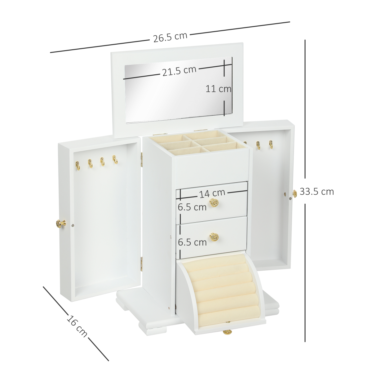 Elegant 4-Tier Jewellery Box with Mirror & Dual Drawers - White Beauty