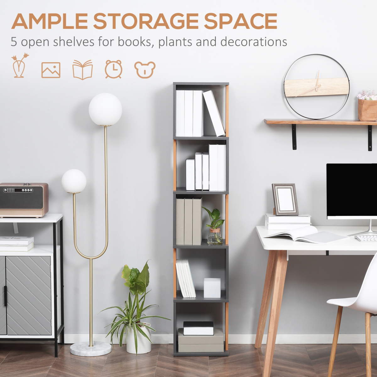 Stylish 5-Tier Dark Grey Bookshelf – Modern Design for Space-Saving Storage