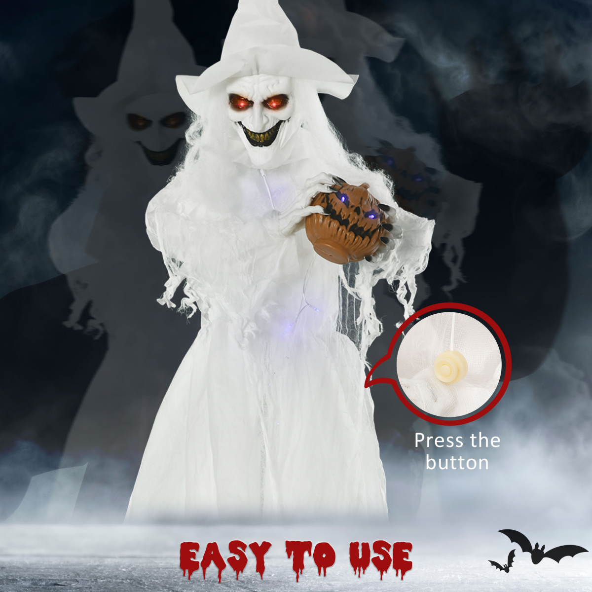 72-Inch Halloween Witch with Pumpkin, Skeleton Ghost, Motion-Activated Lights