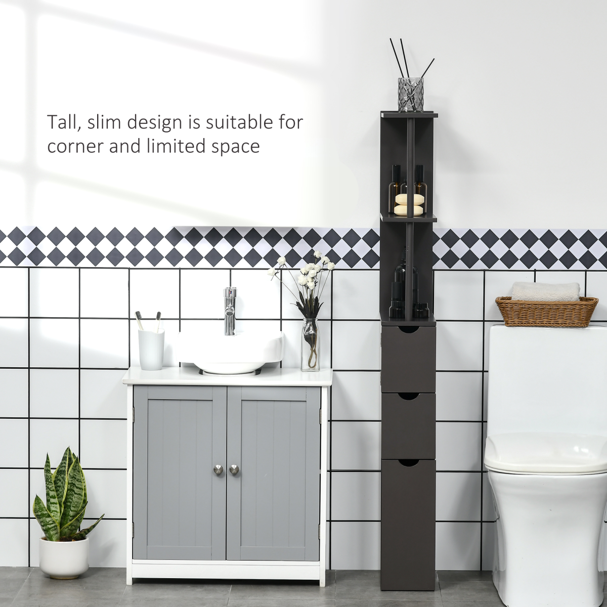 Elegant Tall Bathroom Storage Cabinet with Drawers & Shelves - Brown