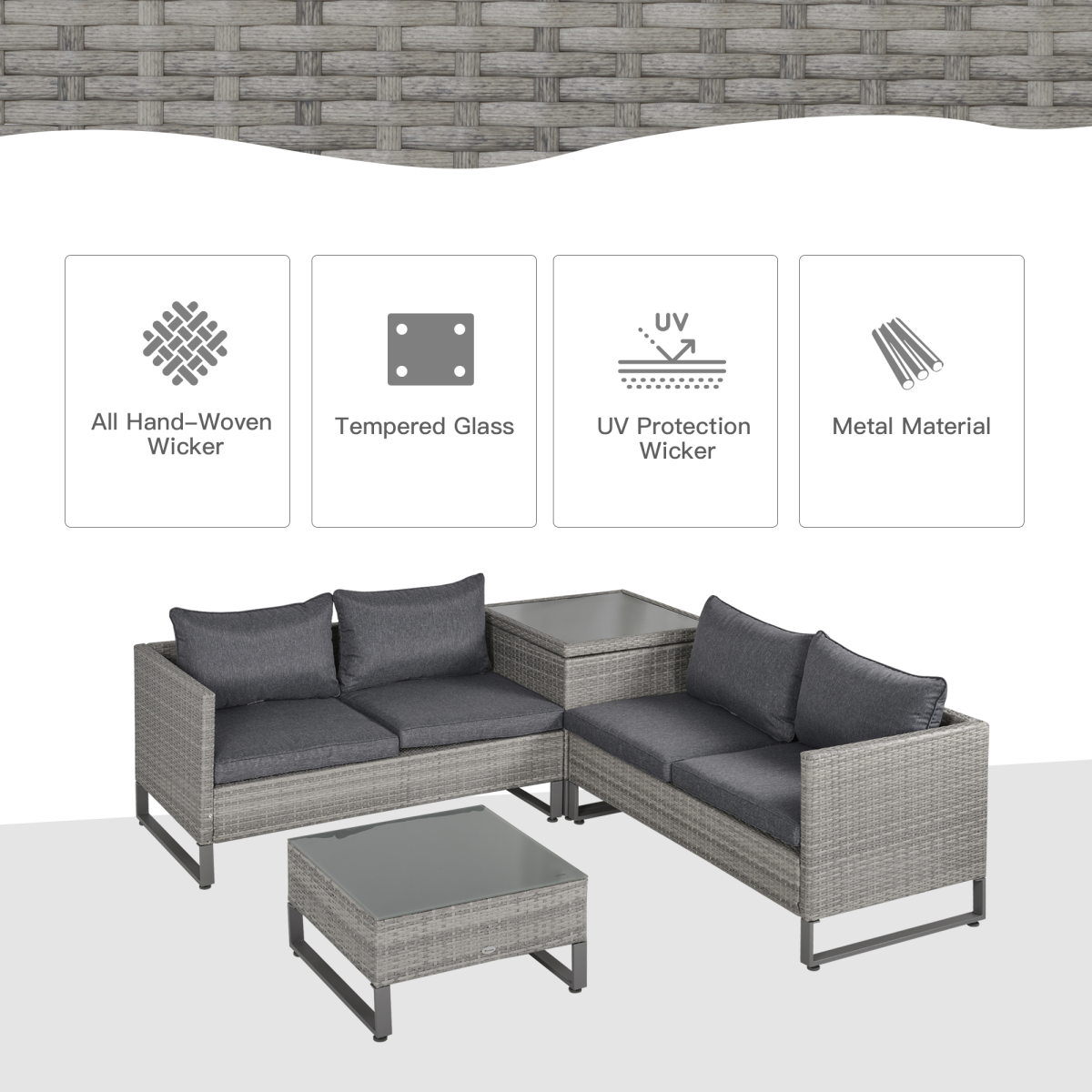 4-Piece Rattan Wicker Sofa Set with Storage Box for Conservatory