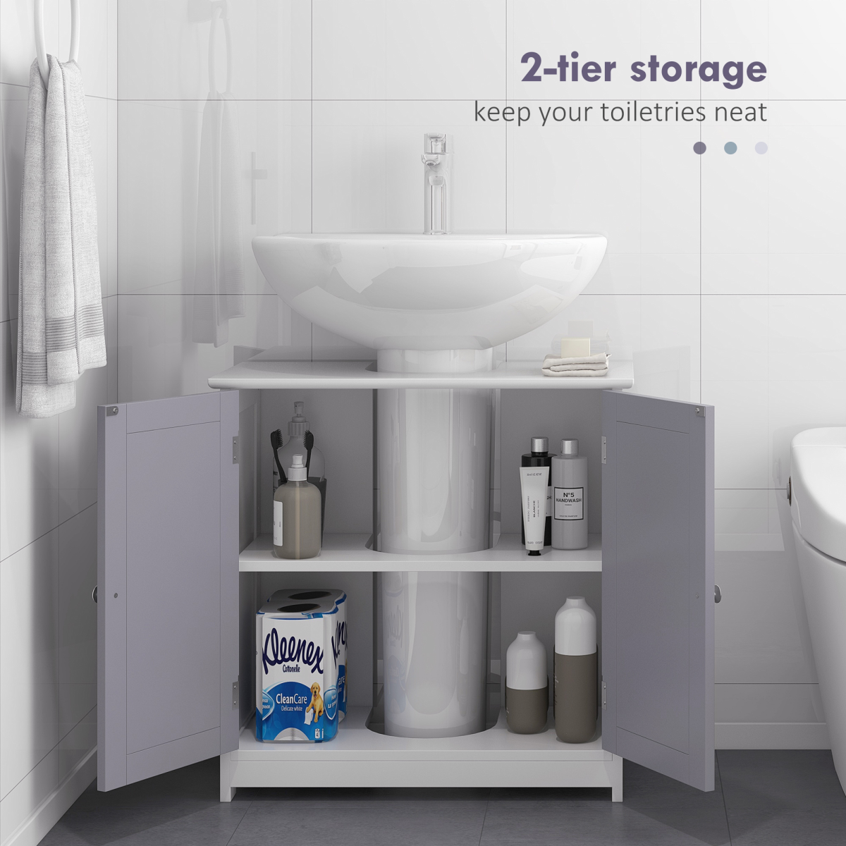 Kleankin 60x60cm Under-Sink Storage Cabinet - Adjustable Grey & White Design