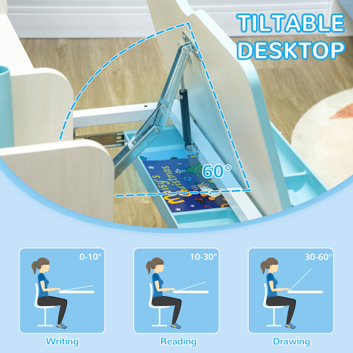 Height-Adjustable Kids Desk & Chair Set for Ages 3-12 - Blue
