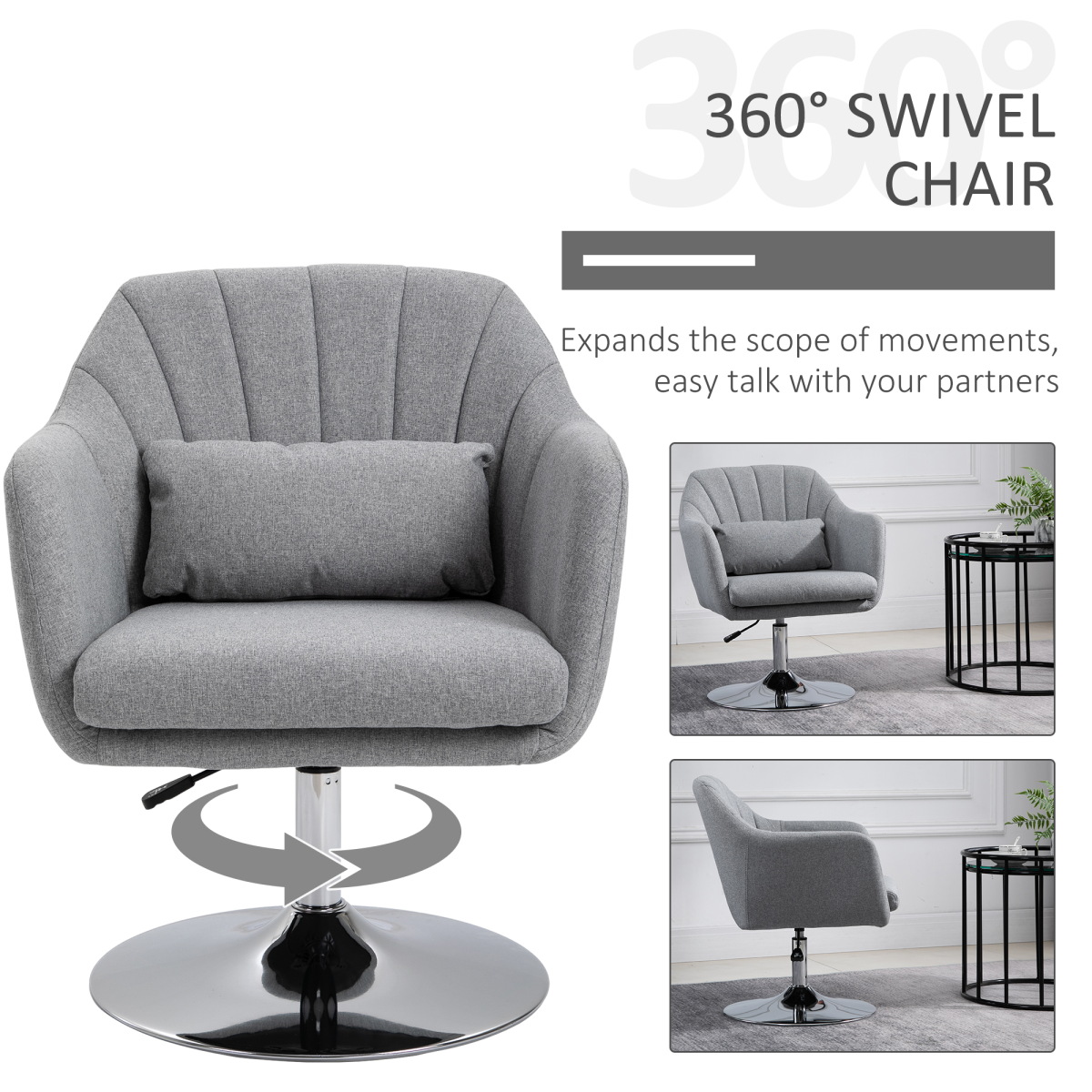 Retro Linen Swivel Tub Chair - Steel Frame, Light Grey, 360°