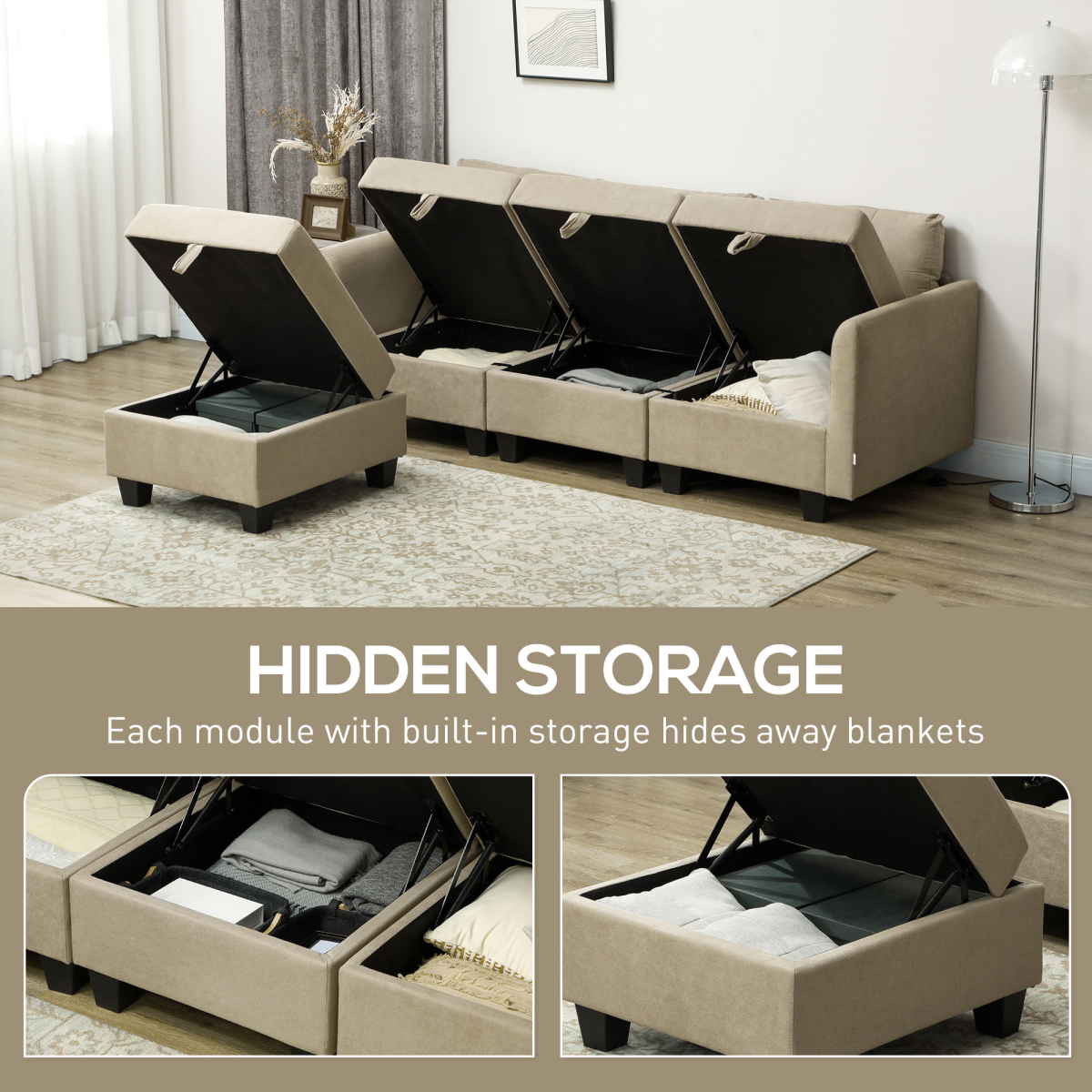 Convertible Modular Sectional Sofa with Storage & Wood Frame Light Brown