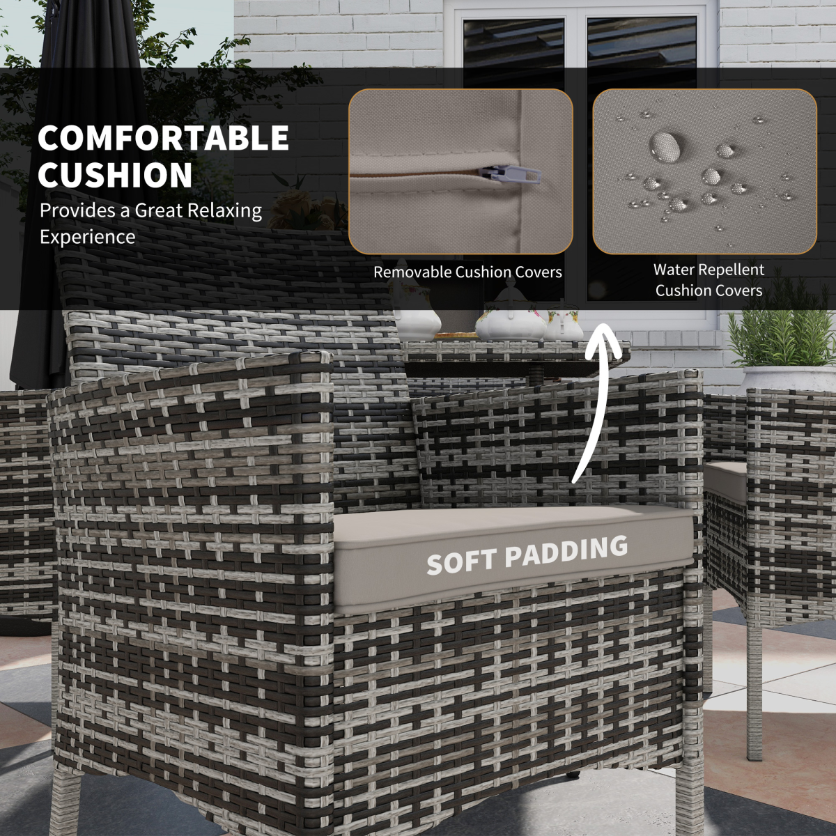 4-Piece Rattan Garden Set with Tempered Glass Table - Grey