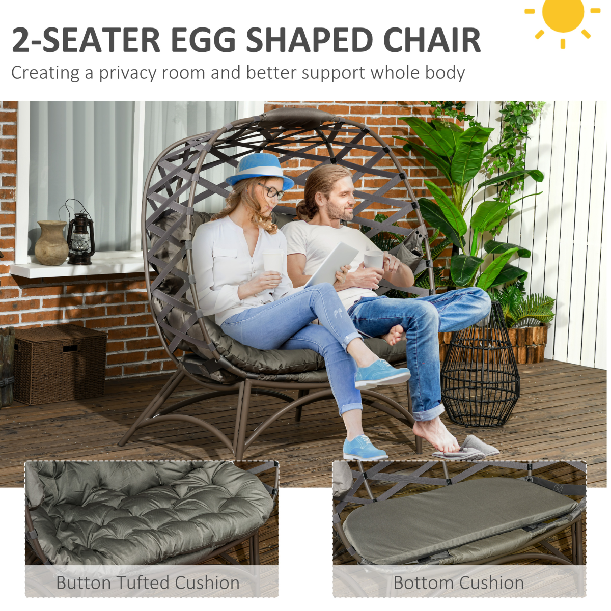 2-Seater Egg Chair with Cushion & Cup Pockets - Sand Brown