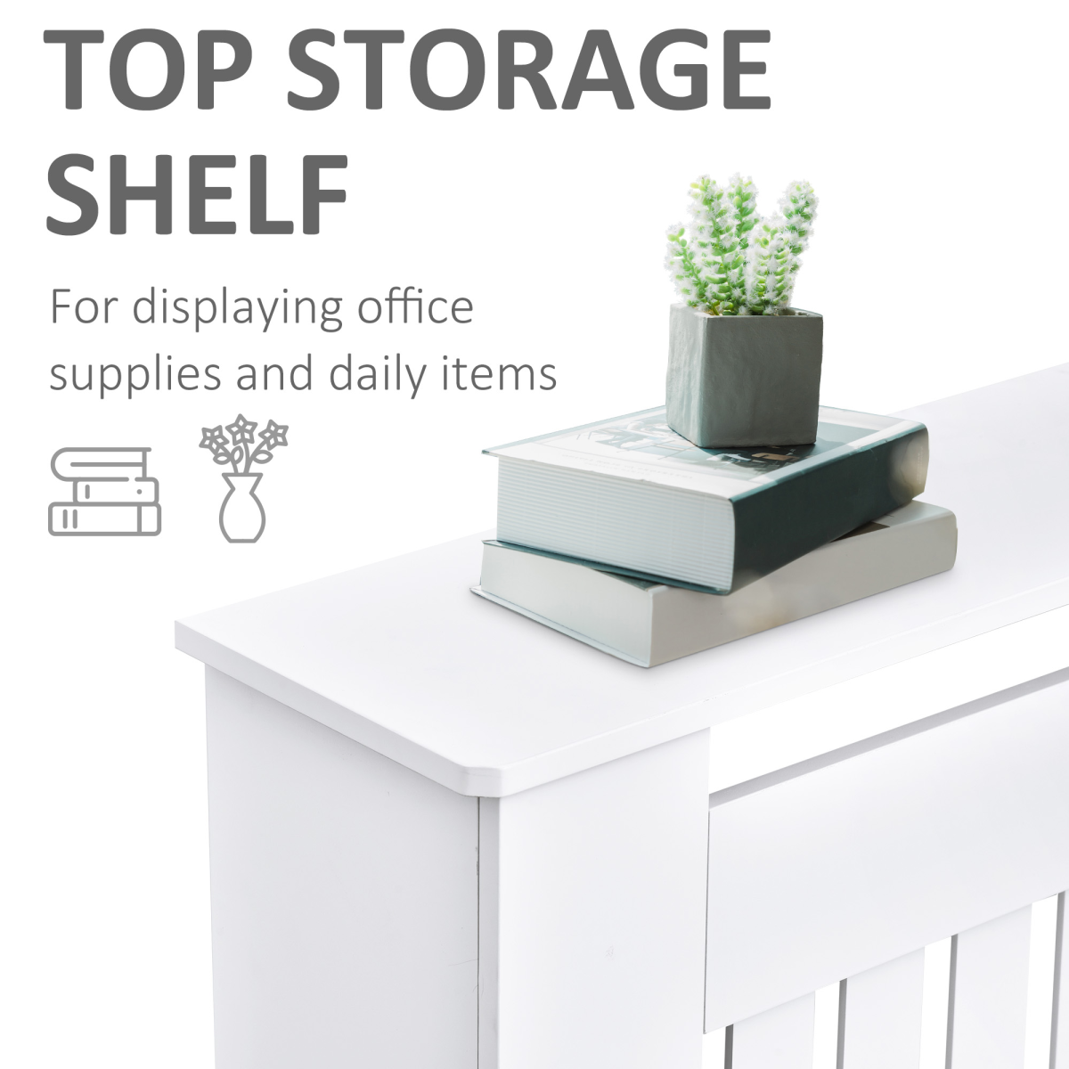 White Slatted Radiator Cover with Top Shelf, Anti-Tip MDF Cabinet 152x19x81cm