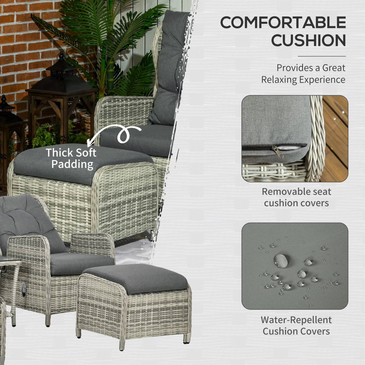 Recliner Rattan Sun Lounger Set with 2-Tier Table & Cushions, Grey