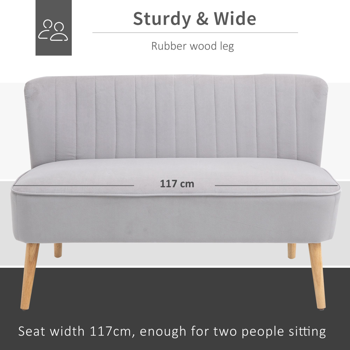 Velvet Double-Seat Loveseat Sofa with Wooden Legs - Grey