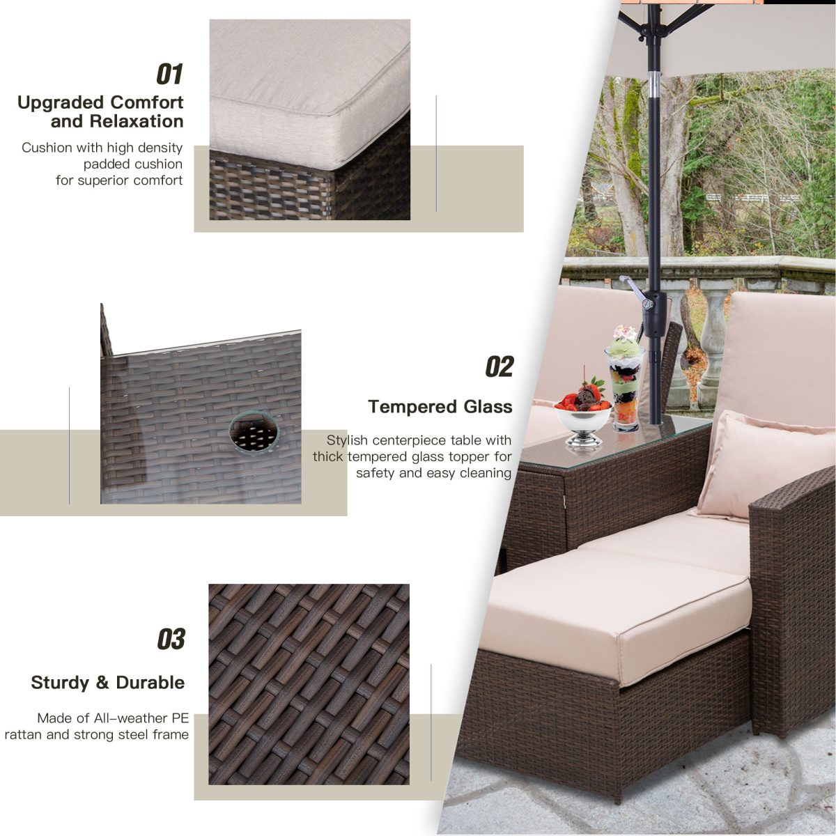 Double Rattan Sun Lounger Sofa with Adjustable Recline & Glass Table - Brown
