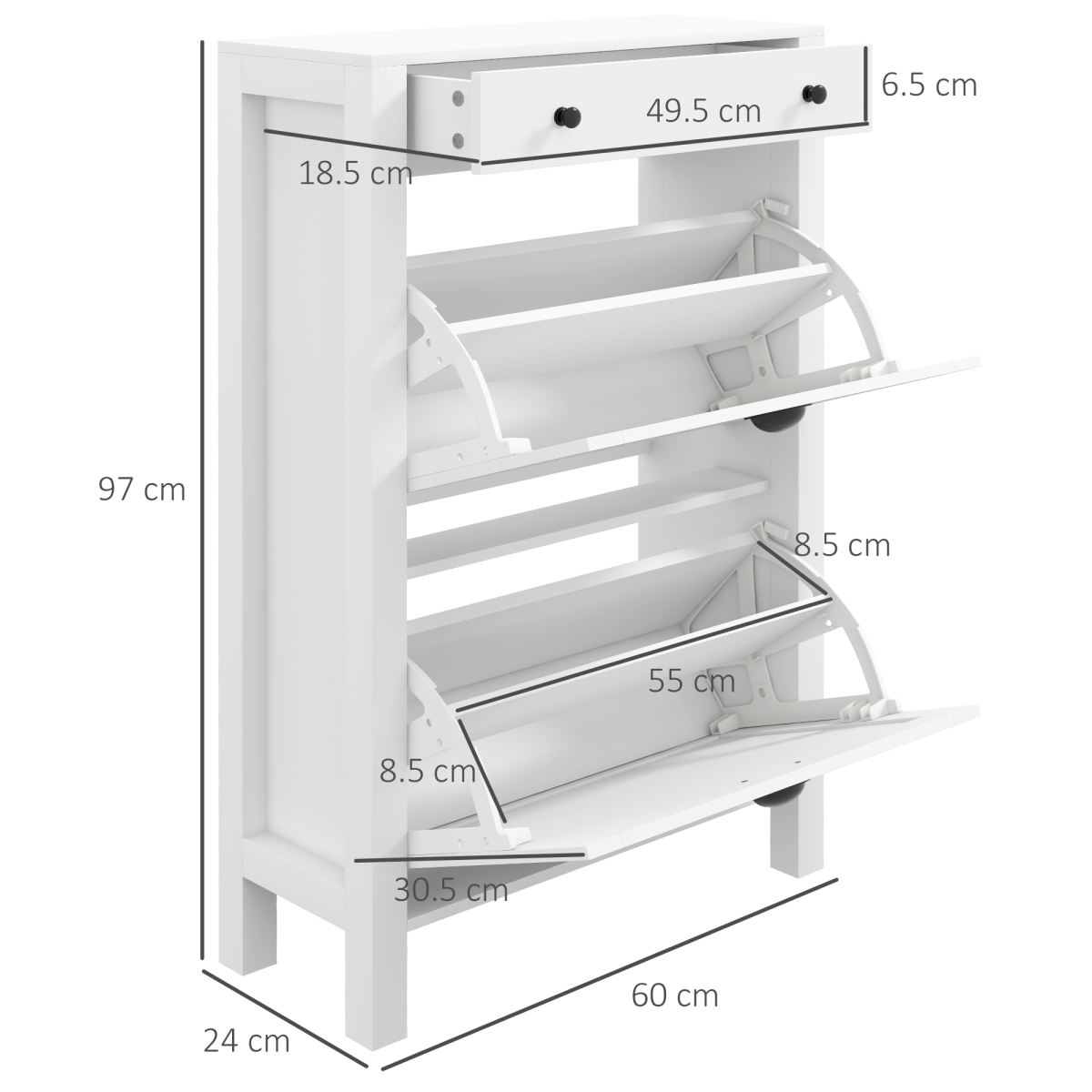 Slim White Shoe Cabinet with 2 Flip Drawers & Storage Top
