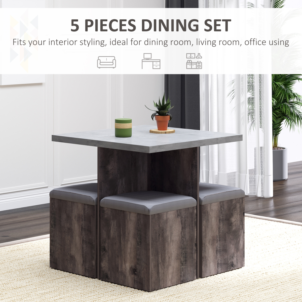 Chic 5-Piece Garden Wooden Dining Set with Removable Storage Lids, Grey