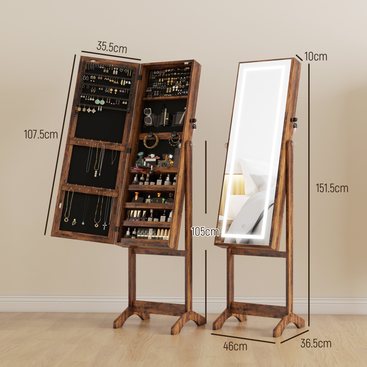 Illuminate Your Style: Rustic LED Full-Length Mirror Cabinet with Ample Storage