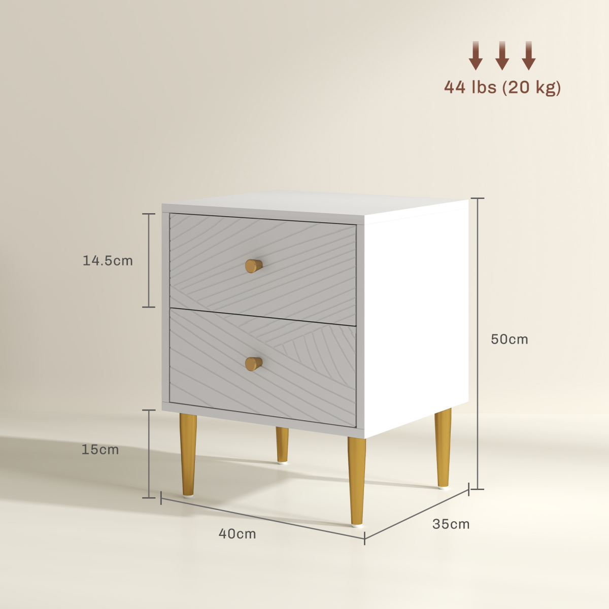 Chic White Nightstand with Gold Handles & Ample Drawer Storage