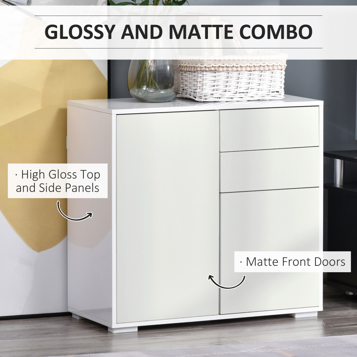 Elegant Dual-Finish Storage Cabinet with Push Open Drawers for Home Office