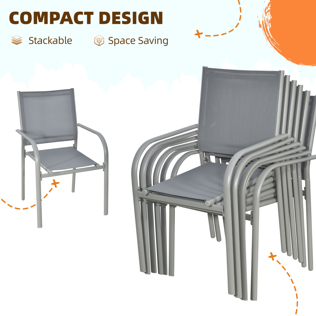 7-Piece Grey Steel Garden Patio Dining Set with Tempered Glass Table
