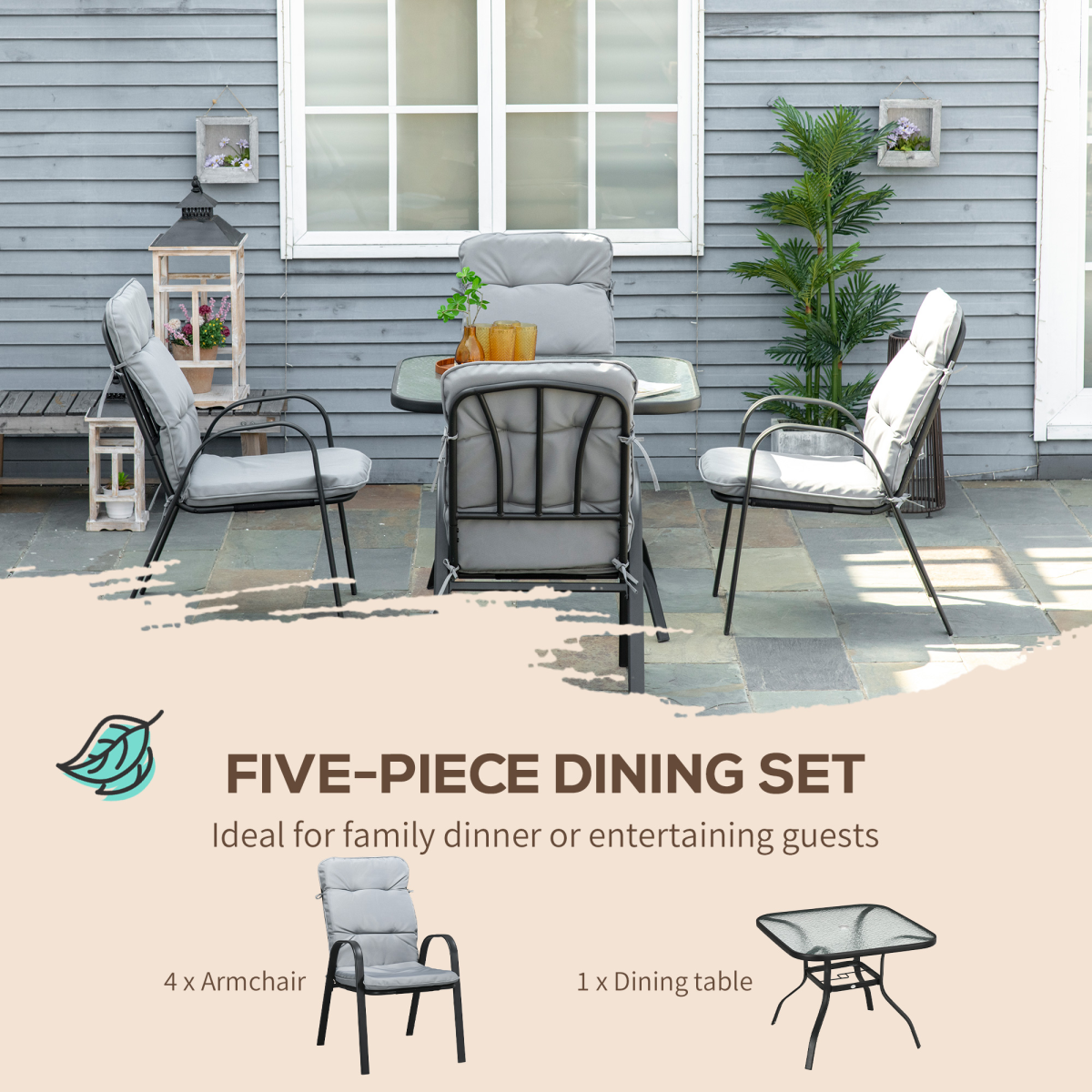 4-Person Garden Dining Set: Glass Table with Umbrella Hole, Texteline