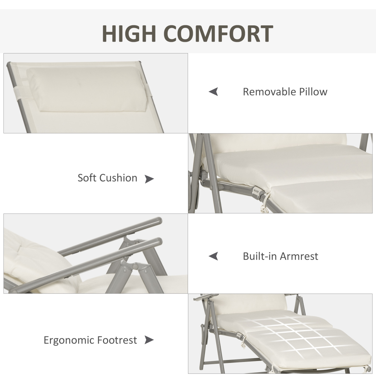 Foldable Sun Lounger Recliner with Padded Seat, 7-Position Back, Texteline White